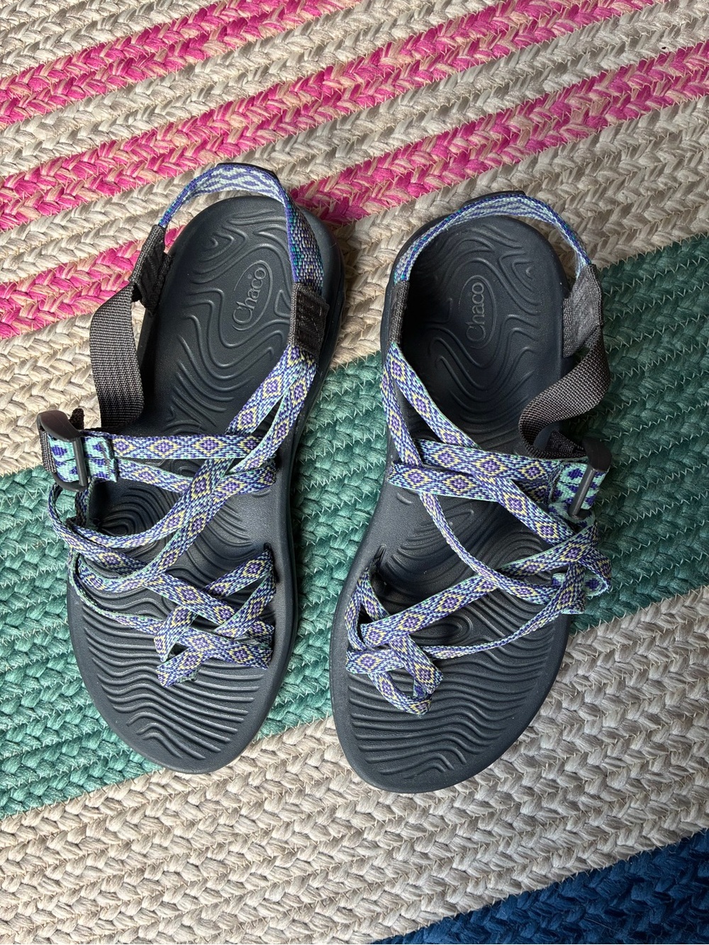 Chaco Sandals with Purple and Blue Patterned Webbing 8W